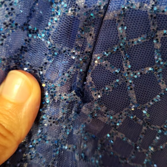 Sz XL Anny Lee Blue Glitter Plunge Illusion Gown with Gold and AB Crystal Trim - Picture 6 of 12